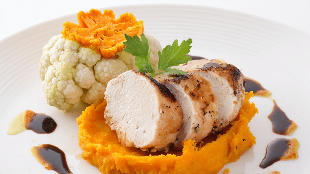 Овощное пюре с цветной капустой, тыквой и куриным филе