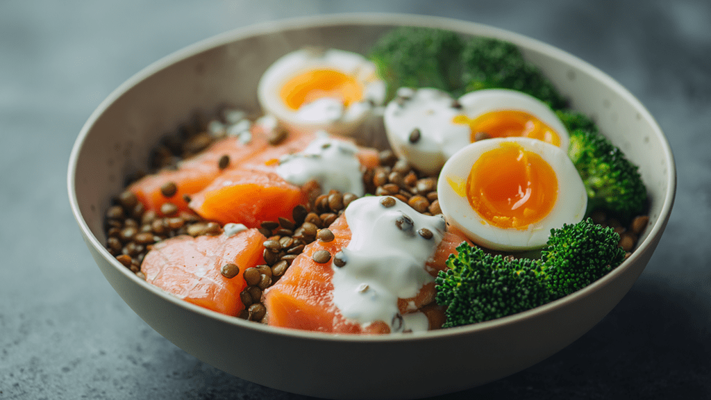 Яично-чечевичный боул с лососем